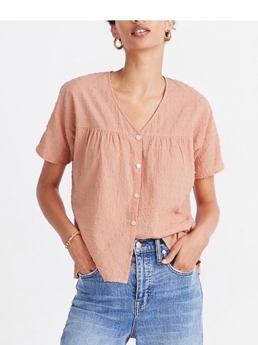 Madewell Rhyme Short-Sleeve Button-Up Blouse Dusty Pink Medium Clip Dot Fabric